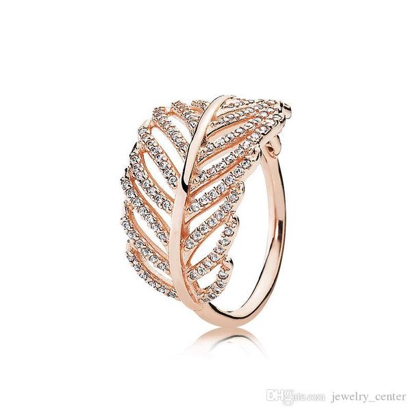 

925 sterling silver feather rings with clear cz diamond fit pandora style jewelry for women 18k rose gold crystal wedding ring, Golden;silver
