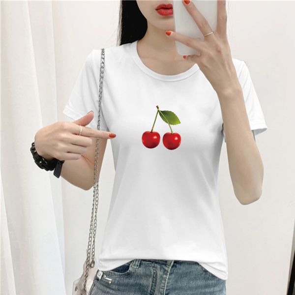 

funny t shirt cherry printed women short sleeve harajuku ulzzang tumblr t shirt fashion fruit style cute graphic tee, White