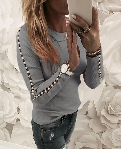

pearl patchwork tshirts fashion hollow out long sleeve womens o neck spring ladies slim casual tee designer womens, White