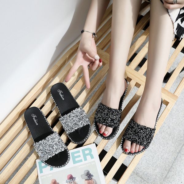 

slipper 2021 korean-style women' all-match summer net red crystal fashion flat fairy sandals, Black;grey