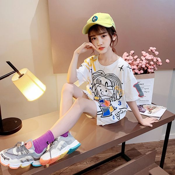 

ex0ee girls short-sleeved 2020 new korean version t-shirt jacket of big and medium-sized children's cartoon graffiti loose stylish jack, Blue
