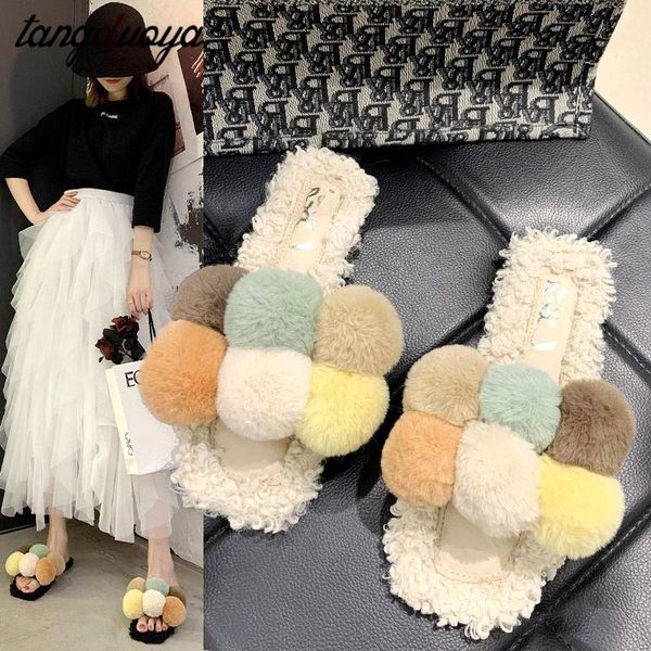 

2020 fluffy home slippers women faux fur slippers cozy furry slides slip on soft house colorful plush warm shoes, Black