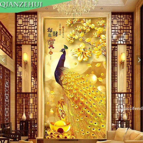 

qianzehui,diy diamond embroidery,round diamond gold peacock full rhinestone diamond painting cross stitch,needlework t200111