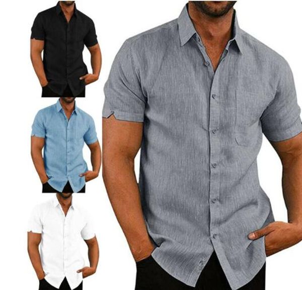

mens linen blouse short sleeve baggy buttons summer solid comfortable pure cotton and linen casual loose holiday shirts tee, White;black