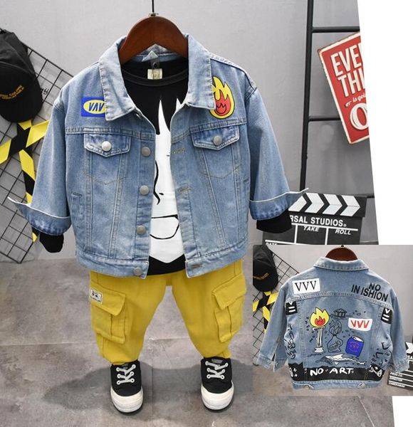 

children clothing sets spring autumn boys clothing sets fashion graffiti denim jacket +t-shirts + pants 3pcs suits kids clothes, White
