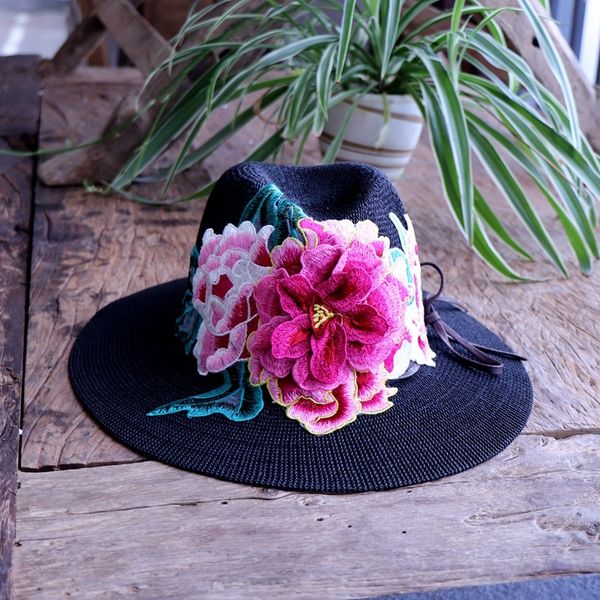 

rkdvi yunnan ethnic style three-dimensional embroidered children's basin three-dimensional embroidery straw straw large eaves beach hat, Blue;gray