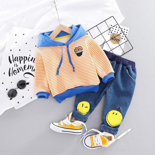 

winter casual suit little boy striped and jeans hooded thickened smiling face jeans two-piece set a94017