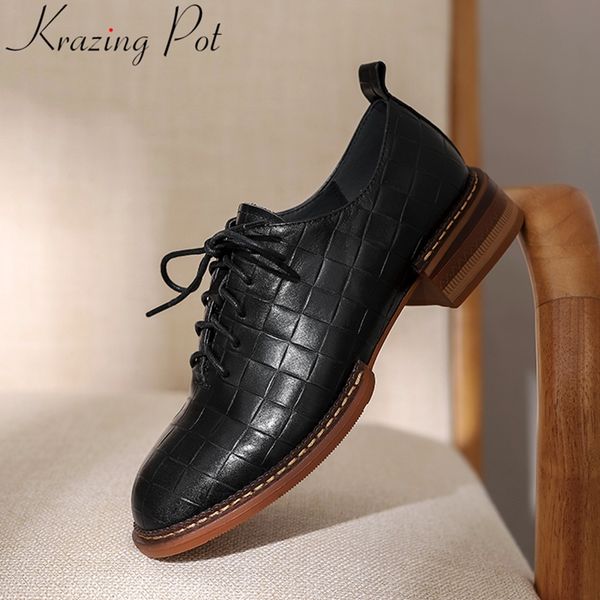 

krazing pot handmade cow leather med heel round toe spring shoes mature lace up vintage office lady brand dress women pumps l8f2, Black