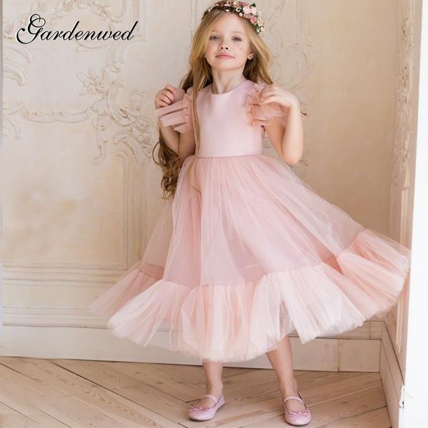 

gardenwed a-line lovely pink flower girl dresses kids gradient tulle layers prom dress backless tulle sleeve celebrity dresses, Red;yellow