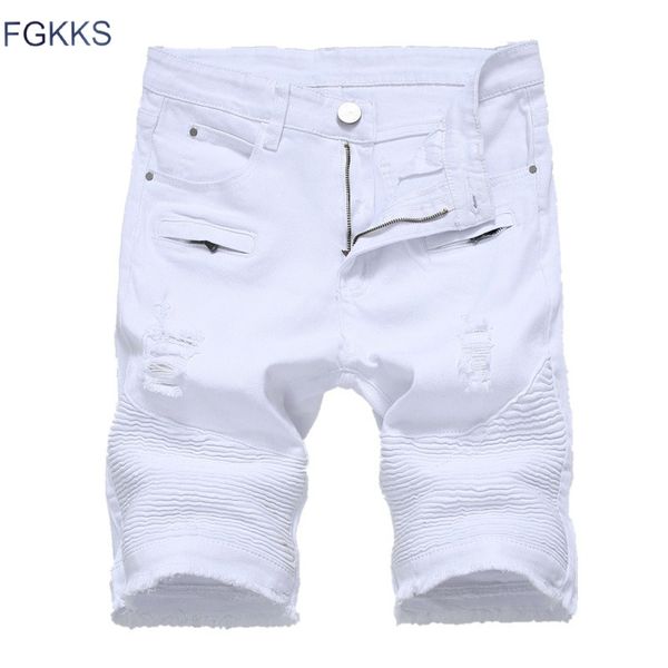 

fgkks mens denim shorts 2020 summer new men fashion casual beach denim shorts skinny distressed white hole male, Blue
