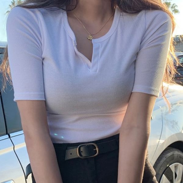 

south korea 2020 summer new white tight chest slim slim half-open collar t-shirt t-shirt women's all-match