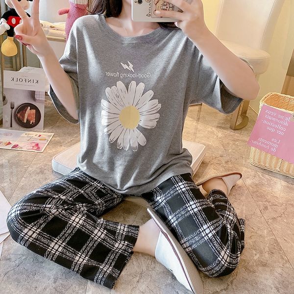 

el5cp 2020 cotton pajamas women's summer short sleeve two-piece suit cute loose casual clothes clothes home furnishing clothing cotton, Blue;red