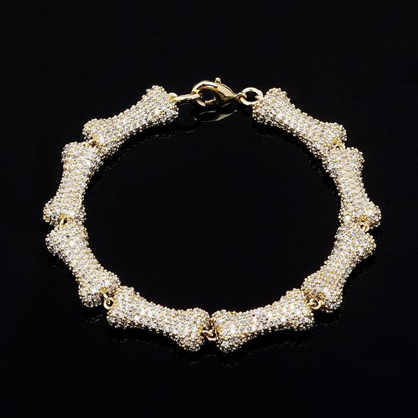 9mm novo personalizado banhado a ouro bling zircão cúbico em forma de osso pulseira bijoux gelado fora hip hop pulseira completa bling diamante para homens mulheres bijoux