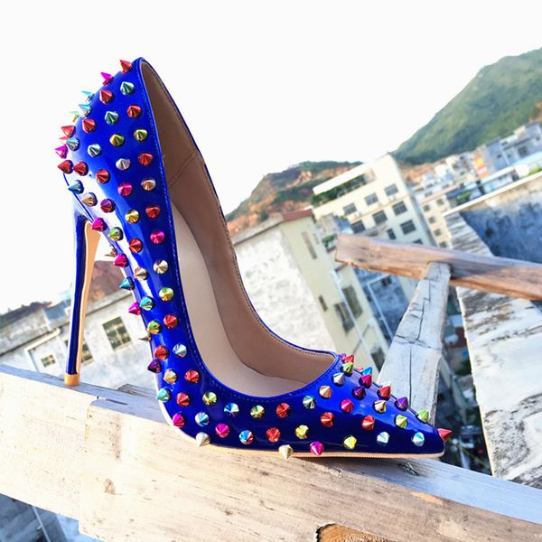

multi colored heels shoes pointed toe women pumps rivet studded for wedding party dress shoes stiletto heel 12cm size 43, Black
