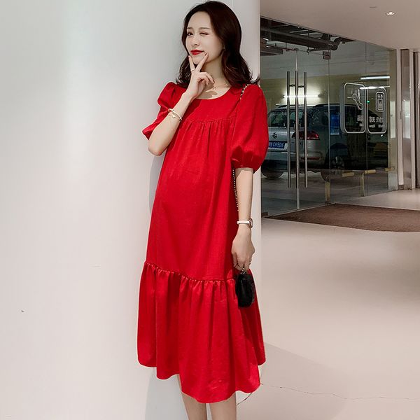 

summer loose short-sleeved red pregnant women cotton dress plus size ruffles patchwork puff sleeve linen maternity party dress, White