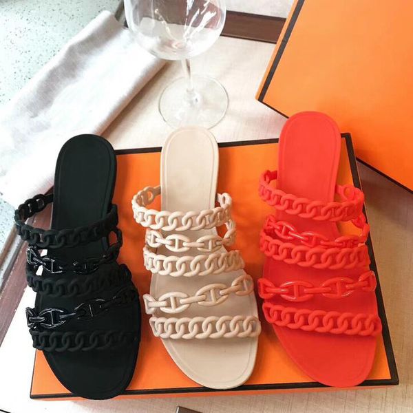 

europe women flat sandal 5 chain fashion women slipper pvc jelly shoes women's shoes flat heel woven hollow open toe sandal, Black