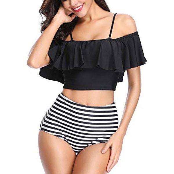 

плюс размер tankini swimsuits женщины push up две пьесы купальные костюмы лучшие ruffled с высокой талией bottom бикини set 39, White;black