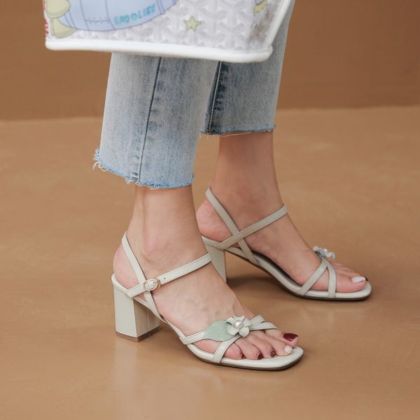 

kmeioo fashion summer ankle strap sandals flower chunky heels open toe square heels elegant pearl high dress shoes, Black