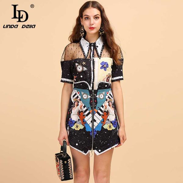 

ld linda della fashion runway summer suit women's short sleeve mesh splice shirt and character printed skirt two pieces lady set, White