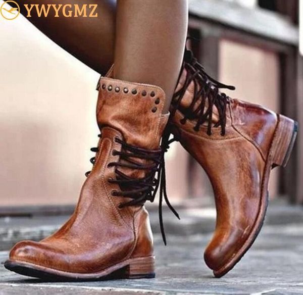 

blwbyl women mid-calf matin boots ladies chaussure girl vintage pu leather booties shoes woman warm lace up, Black