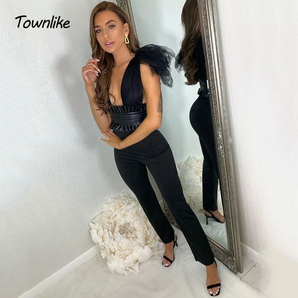 

townlike perspective mesh bow jumpsuit for women 2020 backless rompers pu leather girdle womens jumpsuit overalls, Black;white