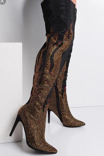 

female golden flame crystal patchwork thin heels zipper boots glitter rhinestone fashion boots, Black
