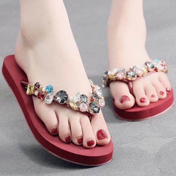 

women's slippers summer new beach slippers casual beach women's shoes fashion home rhinestones flat flip-flops xx473, Black