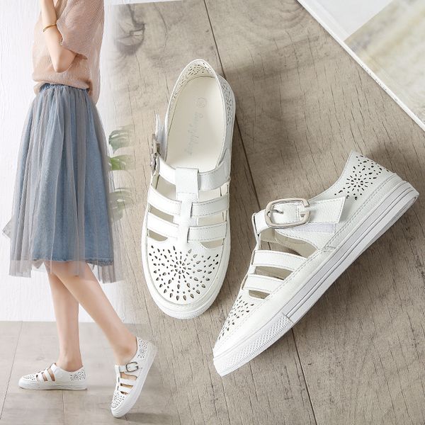 

white hollow out gladiator sandals woman plus size 34-43 girls flats breathable sandalias summer cutout sandalia female shoes, Black