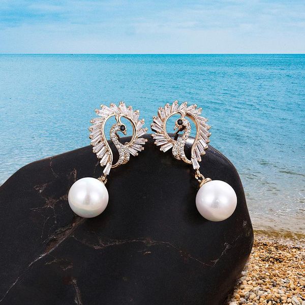 

women's gold and silver crystal pearl stainless steel earrings lady phoenix bird pendant bridal wedding fashion accessories gift, Golden;silver