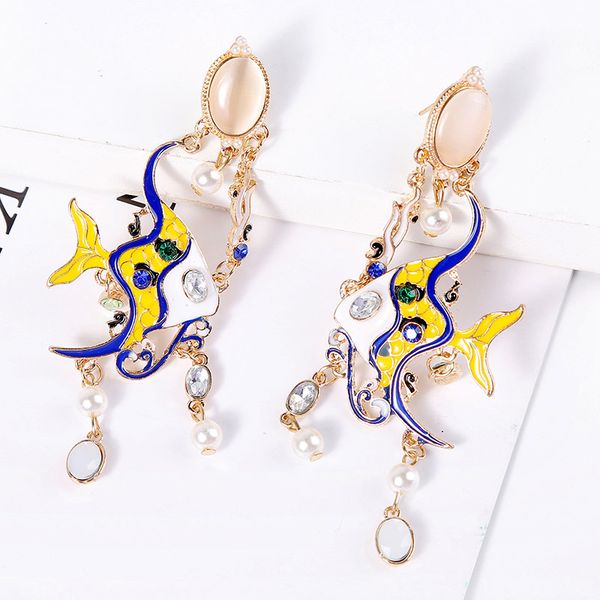 

trendy multi color enamel fish long rhinestone statement earrings for women acrylic crystal chain korean earring boho jewelry, Silver