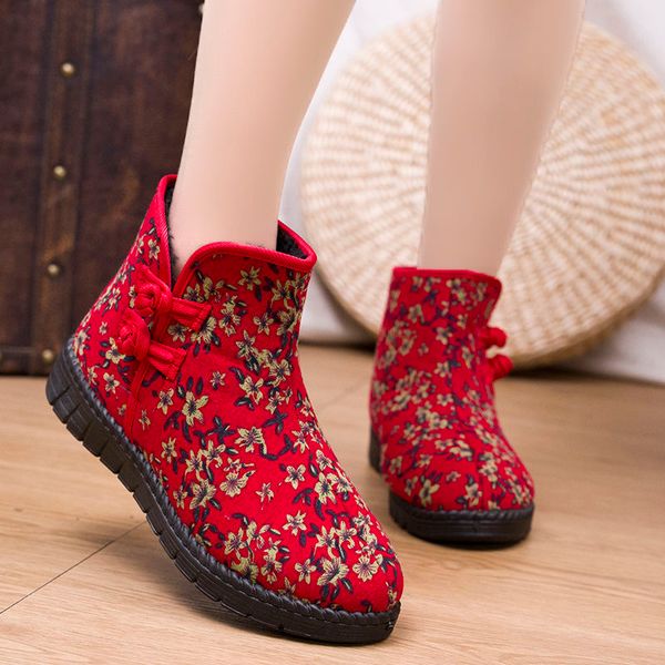 Chinesischen Stil Winter Frauen Schnee Stiefel Mode Druck Plüsch Warme Peking Tuch Baumwolle Schuhe 36-40 Sonderangebot