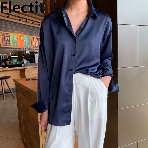

flectit women blouses 2020 fashion long sleeve lapel collar front button glossy silk blouse chic satin effect shirt female *, White