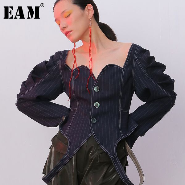 

[eam] loose fit belt pleated personality strapless jacket new lapel long sleeve women coat fashion tide spring autumn 2020 1b745 cx200725, Black;brown
