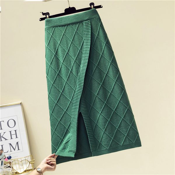 

мода 2020 осень зима разделить вязаный midi юбки женщина корейского теплой линии высокой талия длина колена юбка женская дама, Black