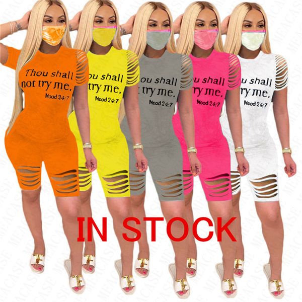 

thou shall not try me letter shorts set tracksuit for women holes sportswear designer tshirt and shorts 2 piece outfit sports suit d7806, White