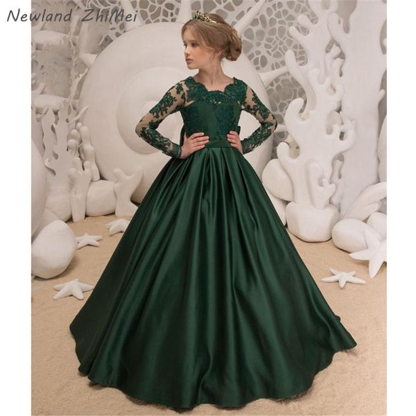 

dark green flower girl dress new fashion long sleeves a line applique satin bow primera comunion holy communion dresses oem, Red;yellow
