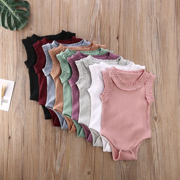 

baby summer bodysuit baby girl sleeveless cotton bodysuit ribbed ruffled jumpsuits solid playsuits 0-24m, Blue