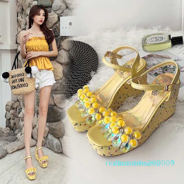 

2020 fashion women sandals flower decor open toe wedges high heels ankle buckle strap summer dress ladies sandals yellow/silver c09 r03, Black
