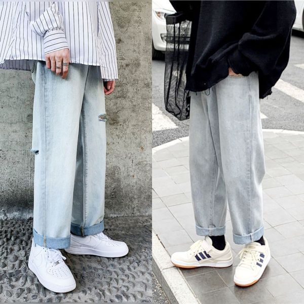 

разорванные прямые джинсы мужская мода омывается ретро вскользь hole джинсы мужчины streetwear дикий сыпучие корейский джинсовые брюки мужск, Blue