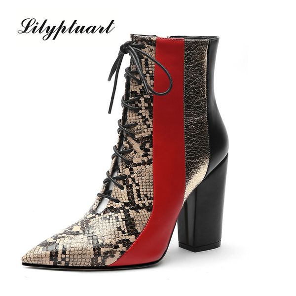 

british style trendy boots snake print hit color leather thick heels cross straps side zipper large size boots women, Black
