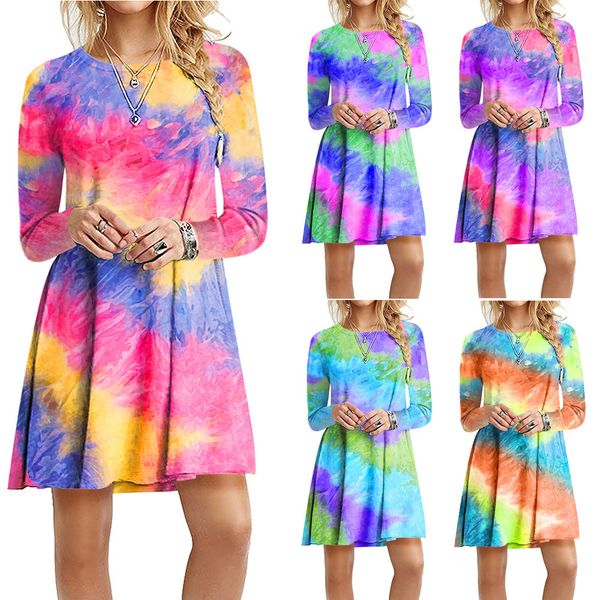 

designer women casual dresses tie-dye printed slim bodycon dress long sleeve a-line women rainbow gradient color mini dress plus size 5xl, Black;gray