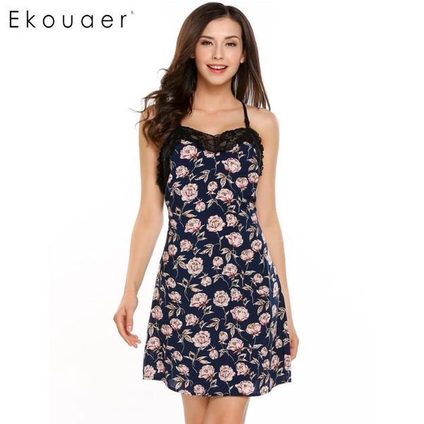

ekouaer ladies nightgowns floral print spaghetti straps backless nightdress womens lace patchwork nightgown sleepwear dress, Black;red
