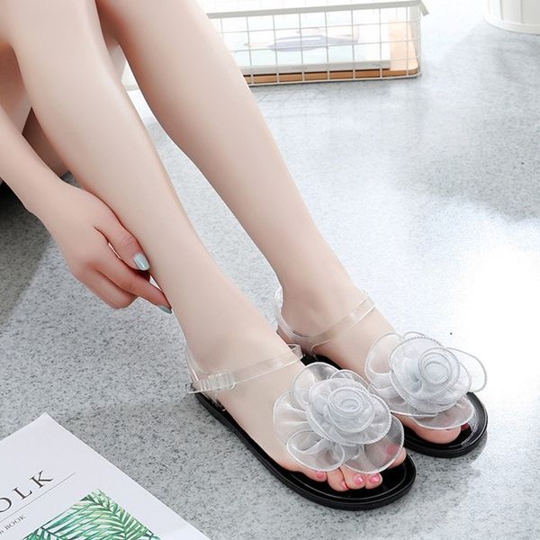 

2020 summer jelly korean version of the flower cute pin toe flat beach sandals female, Black