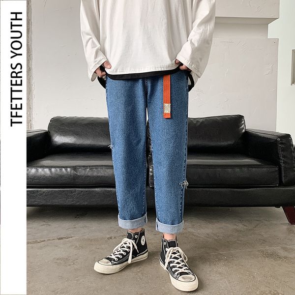 

tfetters spring summer hole jeans men ripped trend slim fit mid straight old washed ankle-length trousers streetwear pants men, Blue