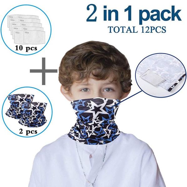 

2pcs faceshield children with 10pcs filter cotton face maskswashable and reusable kids pm2.5 cloth maske magic bandana, Black