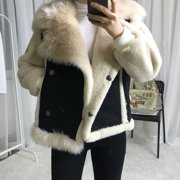 

2020 winter new deerskin patchwork lambswool short coat casual jacket warm loose women overcoats fur collar biker coats, Black