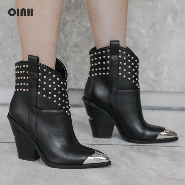 

2020 spring/autumn chic cow leather ankle boots women metal pointed toe rivet strange high heel boots woman fashion, Black