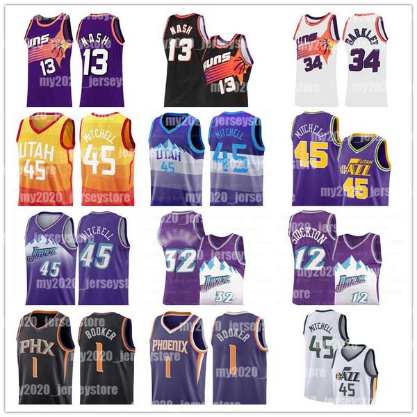 

suns jersey steve 13 nash phoenix charles 34 barkley devin 1 booker donovan 45 mitchell utah karl 32 malone john 12 stockton jazzes, Black;blue