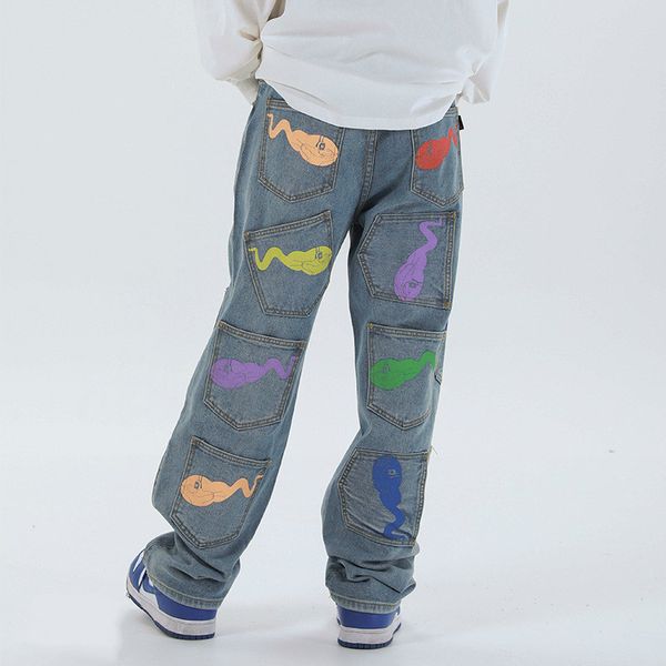 

uncledonjm tadpole printed multi-pockets jeans men's casual pants hiphop for men biker jeans denim men me-z67, Blue