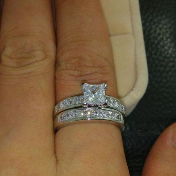 

luxury размер 5/6/7/8/9/10 ювелирных 10kt белого золота заполнены топаз принцесса вырезать имитацию алмаз обручальное кольцо набор подарок w, Silver